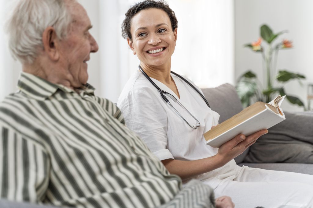 Consultant discussing care compliance requirements with a client